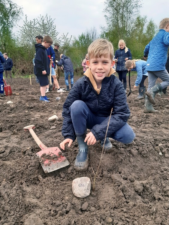 Børn fra 3. klasse på Eskilstrup Skole planter træer i Eskilstrup Folkeskov
