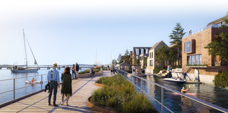Eksempel på, hvordan boliger ved havnen kan se ud. Illustration: Hlehedsplanen for Havnebyen Guldborgsund.