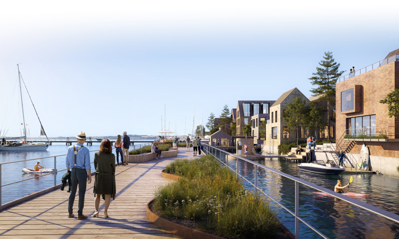 Eksempel på, hvordan boliger ved havnen kan se ud. Illustration: Hlehedsplanen for Havnebyen Guldborgsund.