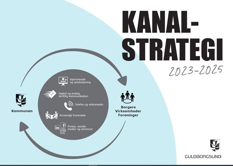 Forsiden af kommunens kanalstrategi viser hvordan kommunen kommunikerer med borgerne gennem forskellige kanaler: Hjemmeside og selvbetjening, digital og analog post, telefon og videomøder, personligt fremmøde samt presse og sociale medier.