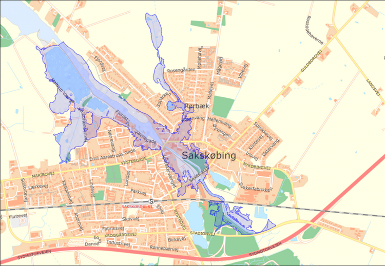 Oversigtskort Sakskøbing By og Fjord. Kort over område under kote +2,2 DVR90, der beskyttes mod oversvømmelse